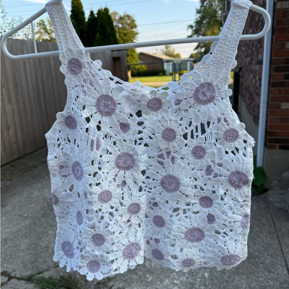 Floral Crochet Lace Tank Top - White and Purple